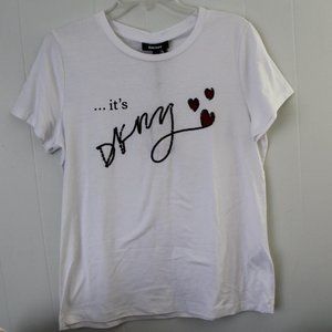 DKNY White Crew Neck Tee With Black Sequin Logo and Red Hearts NWT